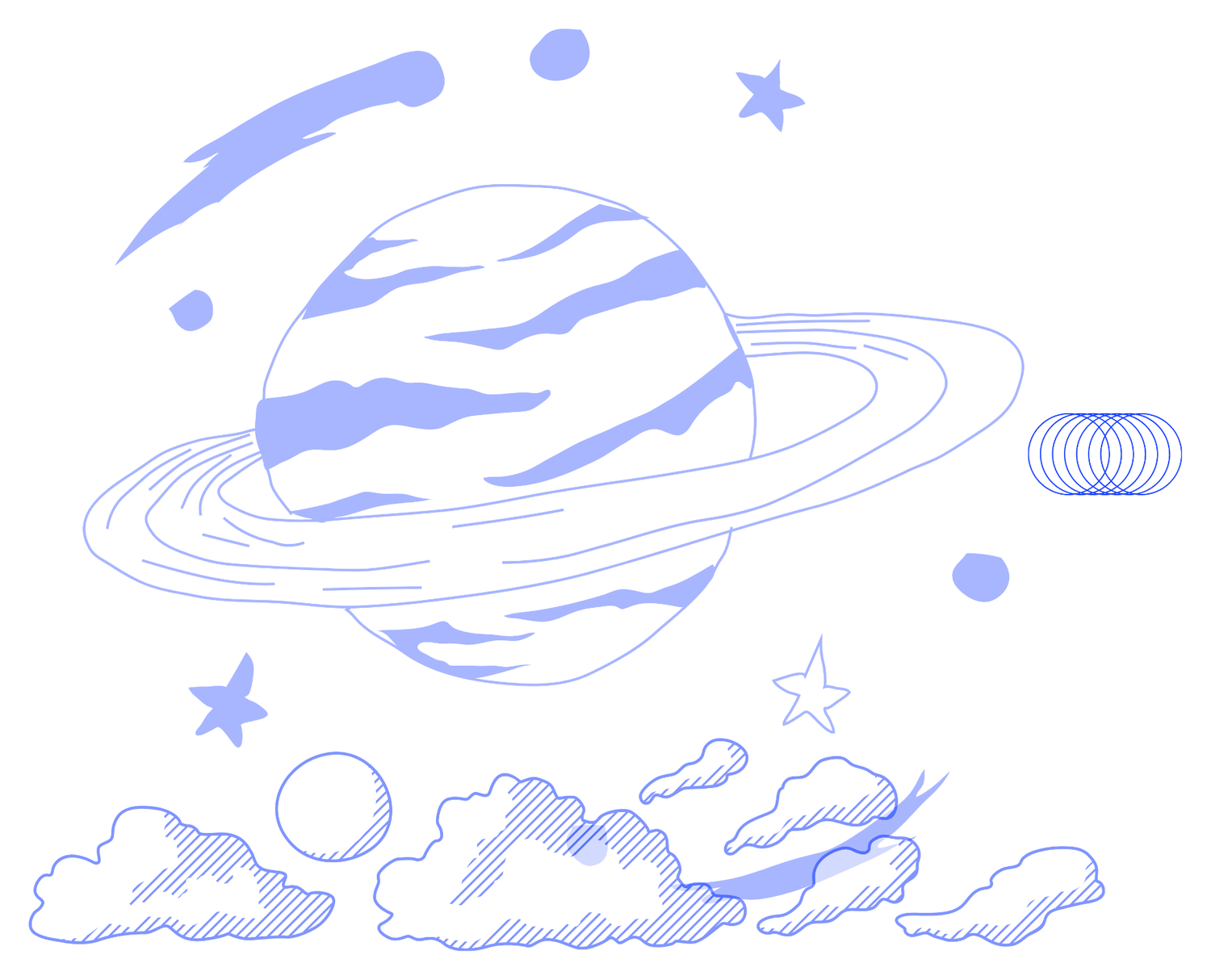 Illustrated blue planet, comet, stars, orbit rings and clouds